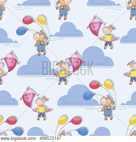 Cute Calf. Pink Kite, Multicolored Balloons. Little Bull Holding Flying Kite And Air Balloons. Makar