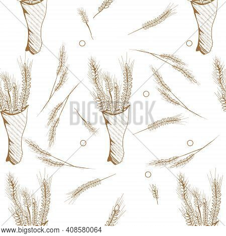 Ears Of Wheat And A Canvas Bag Seamless Pattern In Engraving Style.hand Drawn Menu Decoration,farmer