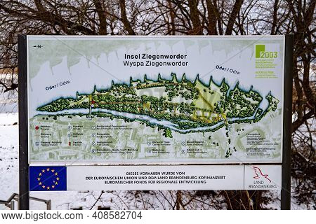 Frankfurt An Der Oder, Brandenburg, Germany - February 14, 2021: Wooden Sign With Information About 