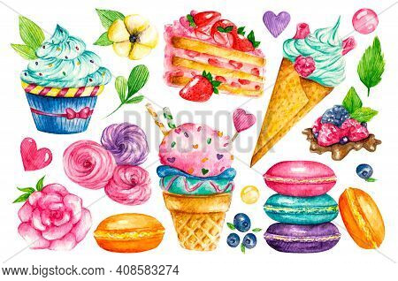 Sweet Collection. Confectionery Vector Watercolor Food. Illustrations Of Cakes, Pies, Biscuits, Ice 