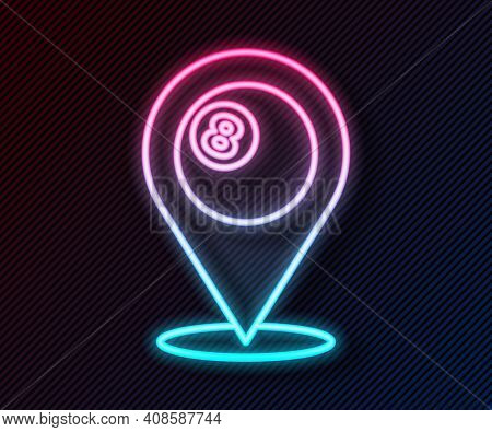 Glowing Neon Line Map Pointer With Billiard Pool Snooker Ball With Number 8 Icon Isolated On Black B