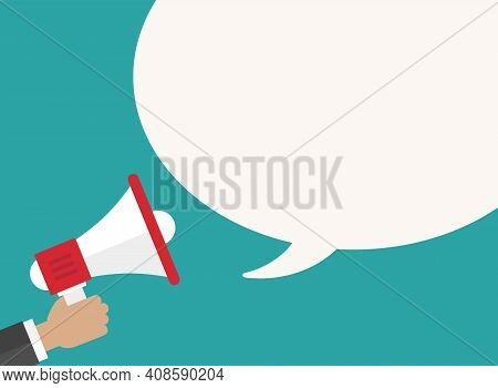 Hand With White Megaphone And Big Spech Bubble On Blue Background. Flat Cartoon Loudspeaker. Vector 