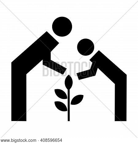 Adult And Child Planting Small Tree Together. Vector Icon.