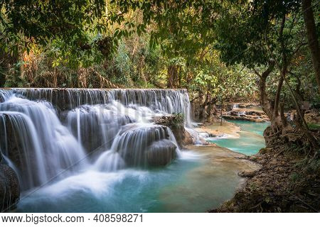Kwang Si Waterfall Long Exposure Turquoise Water Forest Background