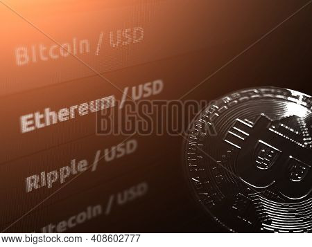 List Of Cryptocurrencies On A Black Monitor Background.