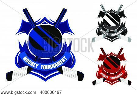Ice Hockey Sporting Emblems. Sport Black Rubber Puck And Crossed Sticks For Ice Hockey On Background