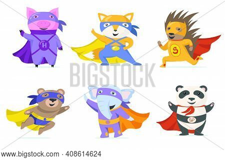 Funny Superhero Animals Flat Set For Web Design. Cartoon Pig, Fox, Bear, Elephant, Panda And Hedgeho