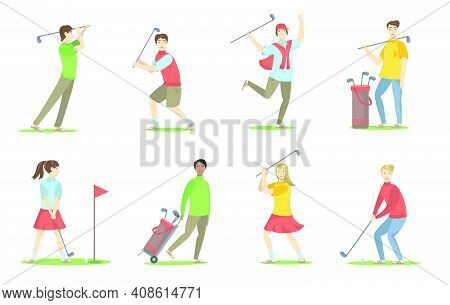 Golf Players Set. Cartoon People With Brassies Playing Golf On Lawn, Having Fun, Enjoying Activity. 