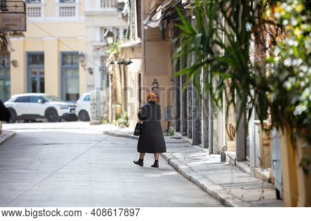 Athens, Greece. February 11, 2021. Plaka Traditional City Center At Coronavirus Pandemic Lockdown.