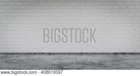 White Brick Concrete Wall In Big Room With Conrete Tile Floor 3d Render Illustration