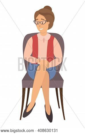 Sitting Female Person Flat Vector Illustration. Adult Woman In Glasses Isolated On White Background.