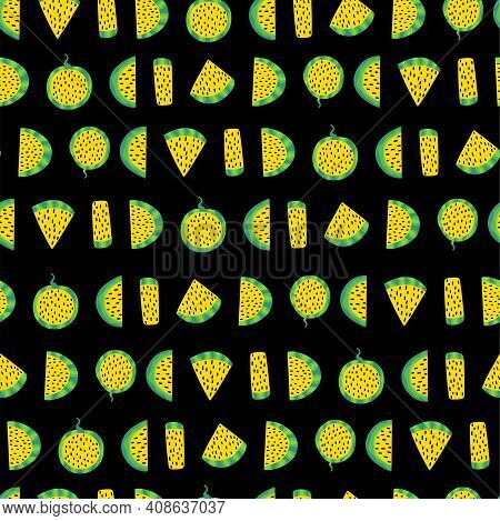 Watermelon Slices With Yellow Fresh And Seeds On Black Seamless Pattern Vector. Chopped Watermelon B