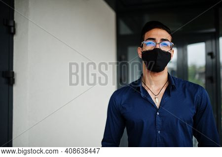 Middle Eastern Entrepreneur Wear Black Face Mask And Eyeglasses. New Normal Life After Coronavirus P