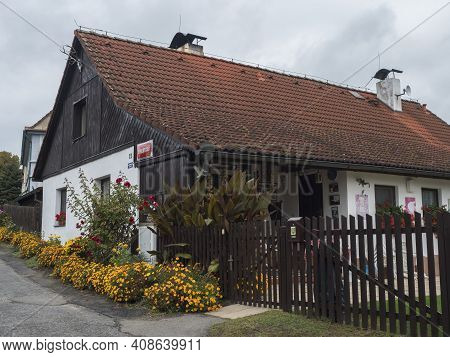 Czech Republic, Blatce, September 27, 2020: View Of Rustic Country House, Cottage U Halbychu, Sport 