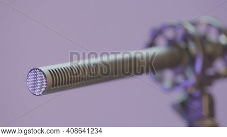 Close-up Of Microphone In Studio. Action. New Microphone For High-quality Recording In Studio. Moder