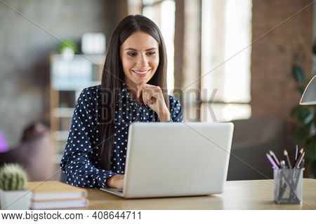 Photo Of Young Attractive Happy Positive Smiling Businesswoman Working Online In Laptop Thinking At 