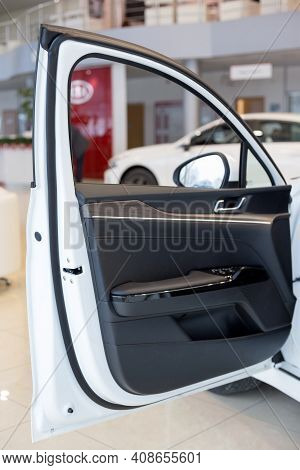 Russia, Izhevsk - December 28, 2020: Kia Showroom. Details Of Car Door New K5. Famous World Brand. M