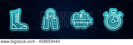 Set Line Sport Boxing Shoes, Expander, Apple Measuring Tape And Stopwatch. Glowing Neon Icon. Vector