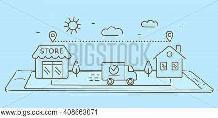 Store Shopping And Home Delivery Concept With Map Markers Over Buildings And A Delivery Van Driving 