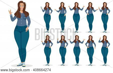 Large Set Of Hand Gestures By A Young Woman Isolated On White Showing The Full Figure, Colored Vecto