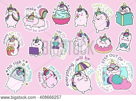 Set Of Cute Baby Unicorns In Everyday Life With Funny Inscriptions. They Perform Various Actions Sle