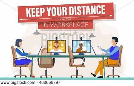 Male And Female Colleagues Sitting In The Meeting Room And Communicating With Partners Via Video To 