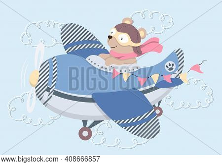 Cute Cartoon Teddy Bear In Aviator Glasses, A Leather Helmet And Scarf Flying In Vintage Airplane. T