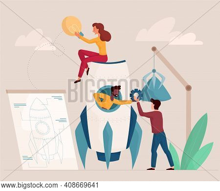 Innovation And Modern Equipment And Technology Using Concept. Group Of Young Happy People, Two Men A