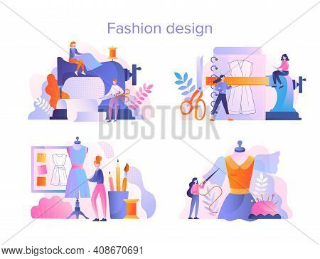 Set Of Four Fashion Design And Tailoring Scenes Showing A Seamstress And Tailor Sewing And Manufactu