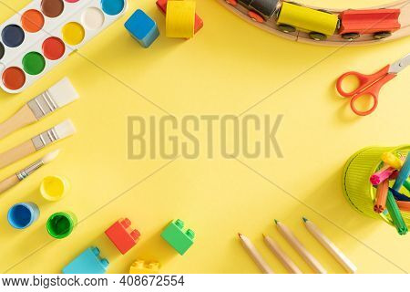 Day Care Concept - Toy And Art Supply, Top View, Copy Space