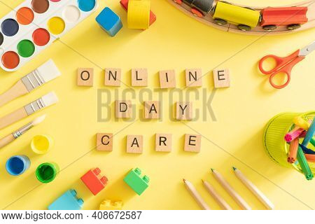 Online Day Care Cover Concept - Toys And Supplies With Isolated Tablet, Top View