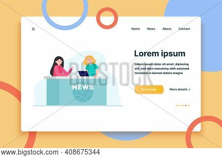 Two Women Telling News In Studio. Laptop, Reporter, Anchorperson Flat Vector Illustration. Tv Broadc