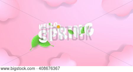 Vector Hello Spring Pink Horizontal Banner With Text And Flowers On Soft Pink Sky Background With Pi
