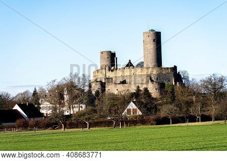 View On The Old Towers Of The Castle Ruin Muenzenberg Hesse Germany