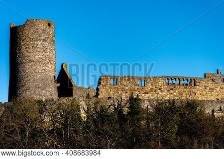 View On The Old Towers Of The Castle Ruin Muenzenberg Hesse Germany