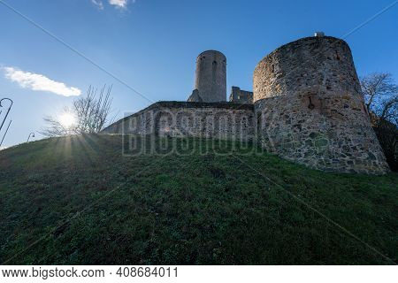 View On The Old Towers Of The Castle Ruin Muenzenberg Hesse Germany