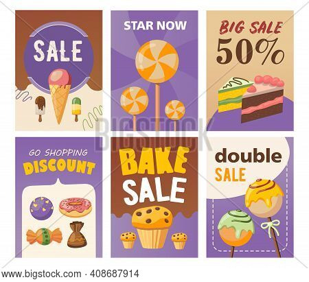 Big Sale Brochure Designs With Delicious Pastry And Sweets. Bright Promotion For Candy Store. Tasty 