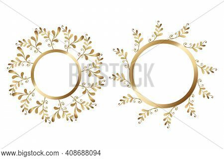 Golden Frame With Floral Ornament In Circle On White Background. Template Round Lace Border. Luxury 