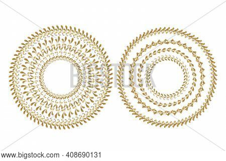 Golden Frame With Floral Ornament In Circle On White Background. Template Round Lace Border. Luxury 