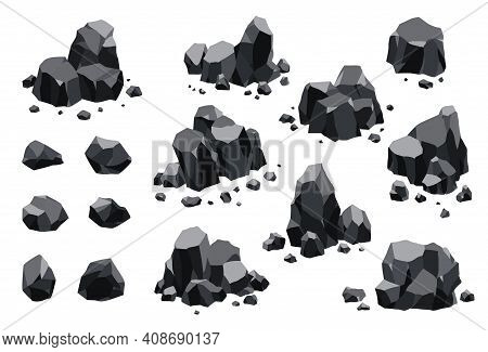 Collection Of Coal Black Mineral Resources. Pieces Of Fossil Stone. Polygonal Shapes Set. Black Rock