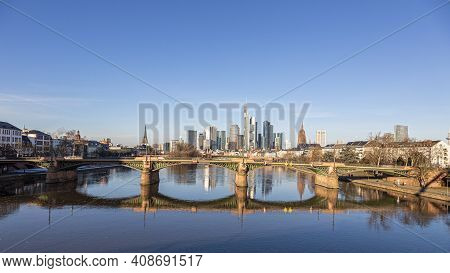 View On Frankfurt Skyline Over River Main In The Morning Light
