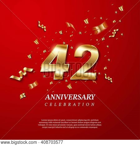 42th Anniversary Celebration. Golden Number 42 With Sparkling Confetti, Stars, Glitters And Streamer