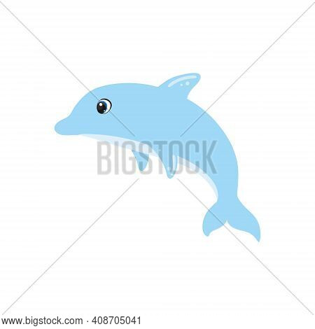Cute Dolphin On A White Background Isolated. Bright Children\'s Cartoon Illustration. Inhabitants Of