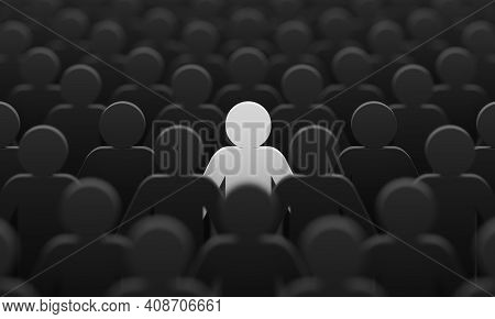 White Color Figurine Among Crowd Black People Background. Social Lifestyle And Business Competition 