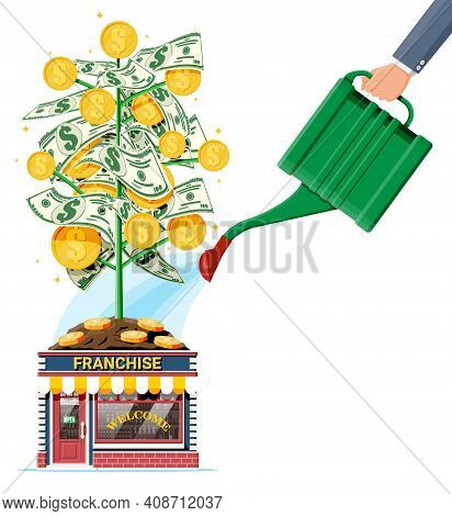 Successful Franchise Business With Money Tree. Franchising Shop Building Or Commercial Property And 