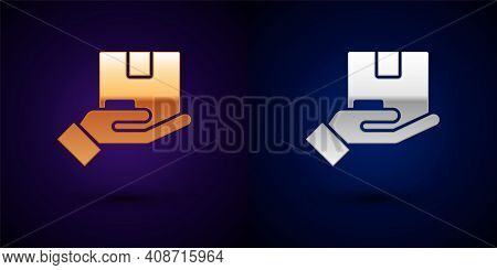 Gold And Silver Delivery Insurance Icon Isolated On Black Background. Insured Cardboard Boxes Beyond