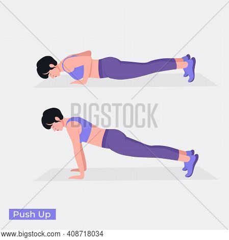 Push Up Exercise, Women Workout Fitness, Aerobic And Exercises. Vector Illustration.