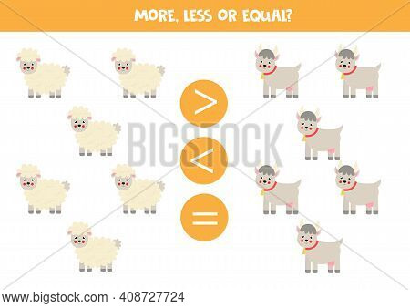 More, Less, Equal With Cartoon Sheep And Goats.
