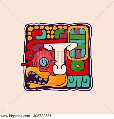 Letter T Logo In Aztec, Mayan Or Incas Style. Native American Symbol With Warrior Vulture Face. Perf
