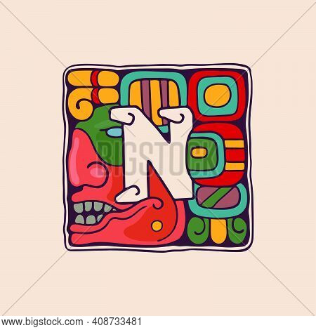 Letter N Logo In Aztec, Mayan Or Incas Style. Native American Symbol With Warrior Or God Face. Perfe